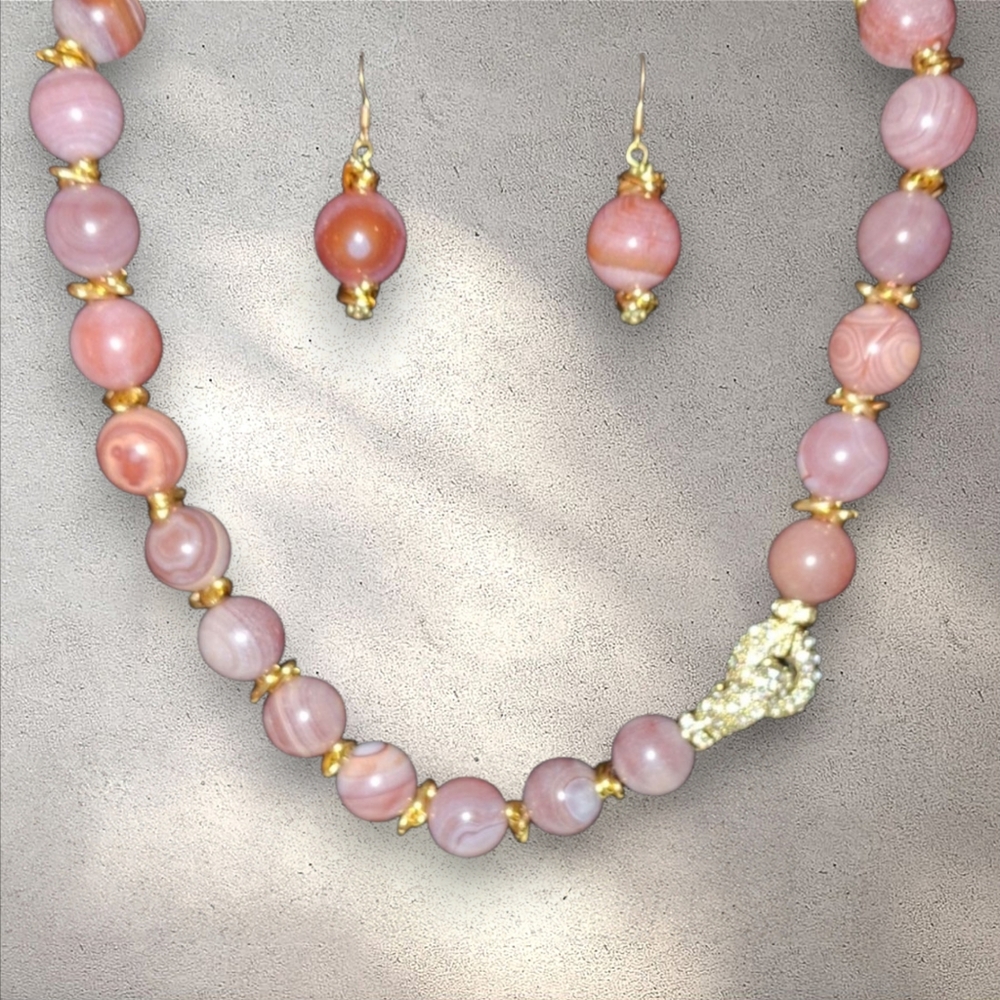 Banded agate set bead necklace pave crystal clasp matching gemstone earrings - Picture 3 of 16